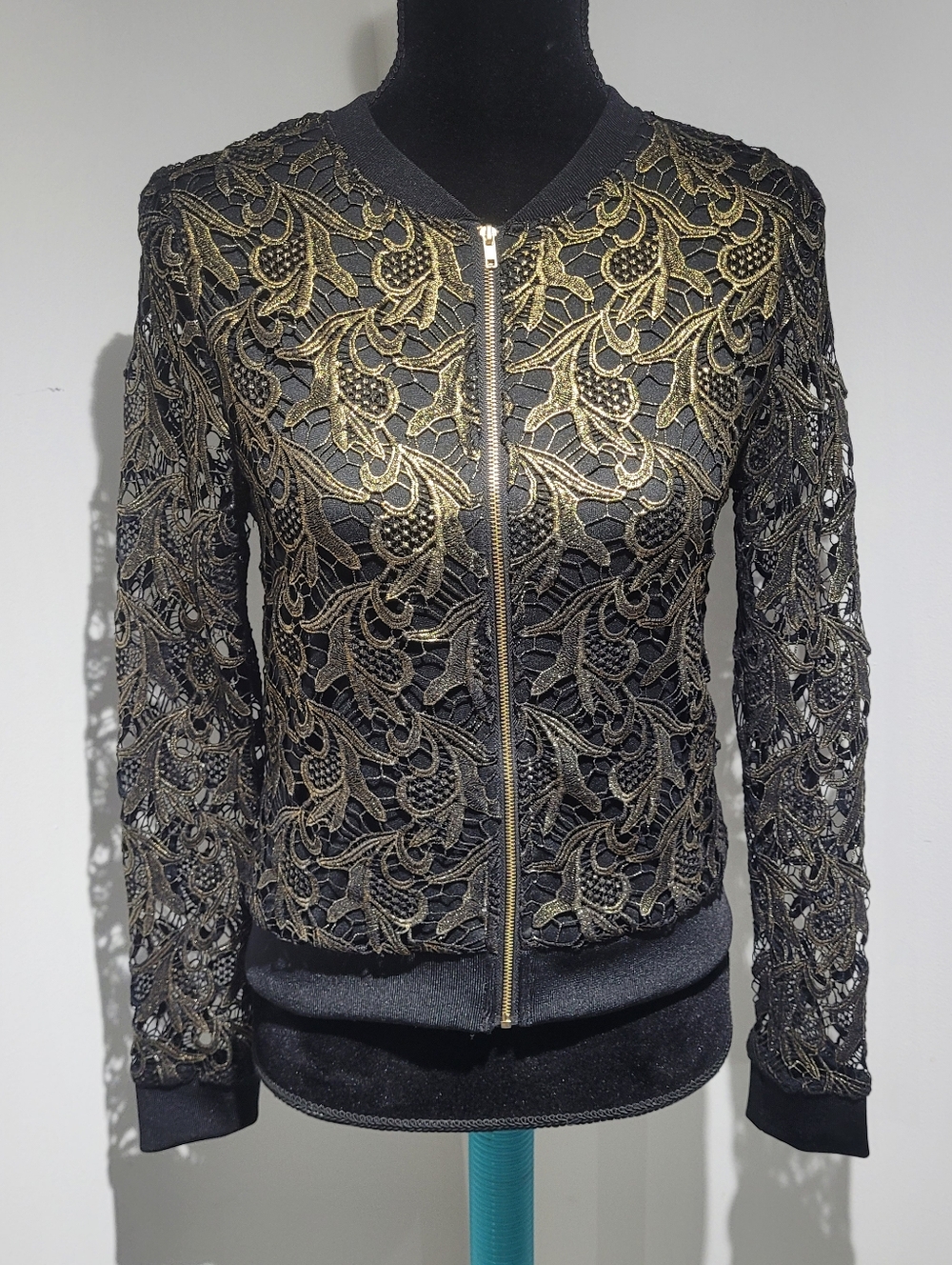 Rebellion Again Women's Metallic Lace Overlay Bomber Jacket Small Black Gold